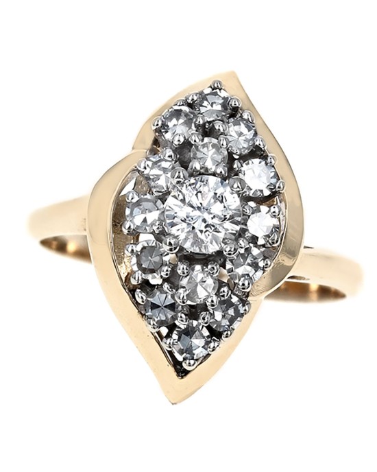 Marquise Shaped Diamond Bypass Cluster Ring in Yellow Gold